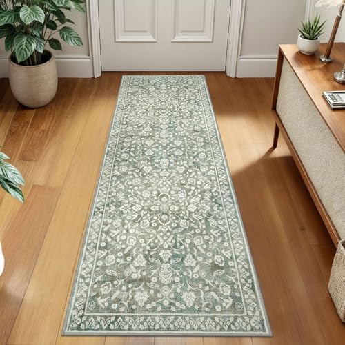 SILOLOOM Vintage 2x7 Runner Rug, Sage Green Beige Washable Runners for hallways, Super Soft Kitchen Runner Rug Non Slip, Print Faux Wool Floral Thin Carpet Runner for Entryway Indoor Bedside Runner - Cosy Home Interiors SILOLOOM Vintage 2x7 Runner Rug, Sage Green Beige Washable Runners for hallways, Super Soft Kitchen Runner Rug Non Slip, Print Faux Wool Floral Thin Carpet Runner for Entryway Indoor Bedside Runner - Image 3
