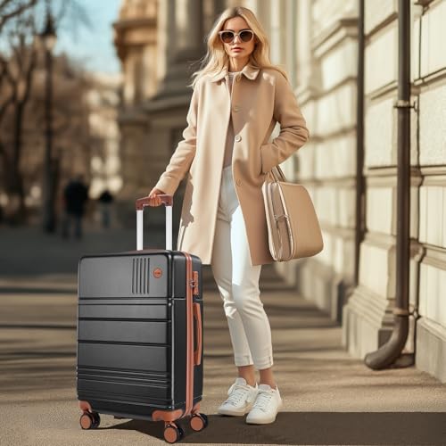 Image of Hoteel Luggage Sets 4 Piece, 4-Year Warranty, Carry-On Luggage with Dual-Spinner Wheels, PC+ABS Hardside Suitcase Set with TSA Lock, Large Checked Travel Suitcases, Black(16 /20 /24 /28)