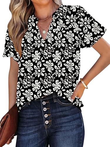 Poetsky Ladies Summer Short Sleeve Shirts Loose Floral Work Wear Blouses Dressy Tops to Wear with Pencil Skirt, Black White, L