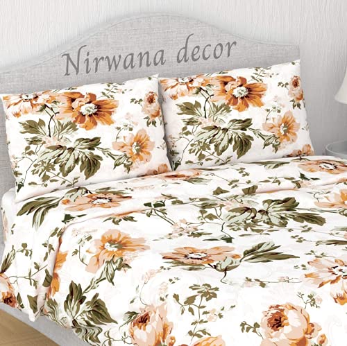 Image of Fitzy 280 TC Fitted Bedsheet King Size, Elastic Bedsheet, 72x78 + 10 Inches Drop,with 2 Pillow Covers (Gold Flowers)