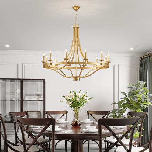 WUZUPS 12-Light Wagon Wheel Metal Candle Chandelier Round Pendant Ceiling Lighting Rustic Farmhouse Fixture Kitchen Island Dining Room, H 39.4" W10, E12 Base, Gold by WUZUPS - Image 7