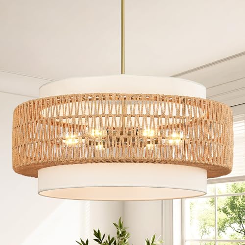 6-Light Boho Rattan Chandelier, 25.6