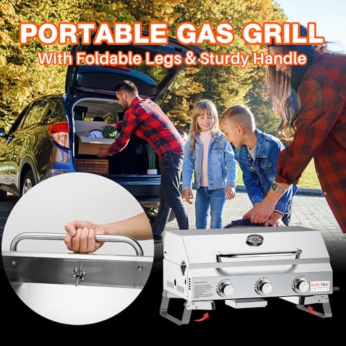 Onlyfire Table Top Gas BBQ, 3 Burner Portable Gas Barbecue Grill 7KW Power with 22" Cooking Grate, Lid & Thermometer, Stainless Steel - Image 7