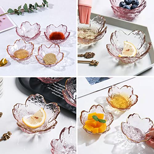 Szhtswu Pink Cherry Blossom Glass Soy Sauce Dish Petals Shape Mini Cute Crystal Dessert Bowl, Appetizer Plates, Tea Bag Holder, Small Dip Bowls For Snack Sauce, Jam, Sushi, Side Dish (Gold Side) #TOP6