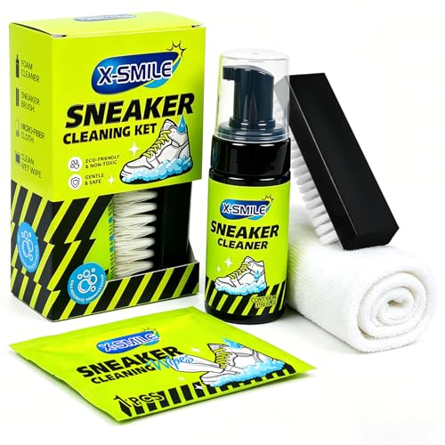 X-SMILE Sneaker Cleaning Kit Premium Foam Shoe Cleaner for White Shoes, PU & Synthetic Leather, Canvas, Mesh & Rubber Gentle, Non-Bleach Formula with Brush, Microfiber Towel & Cleaning Wipe 100ml