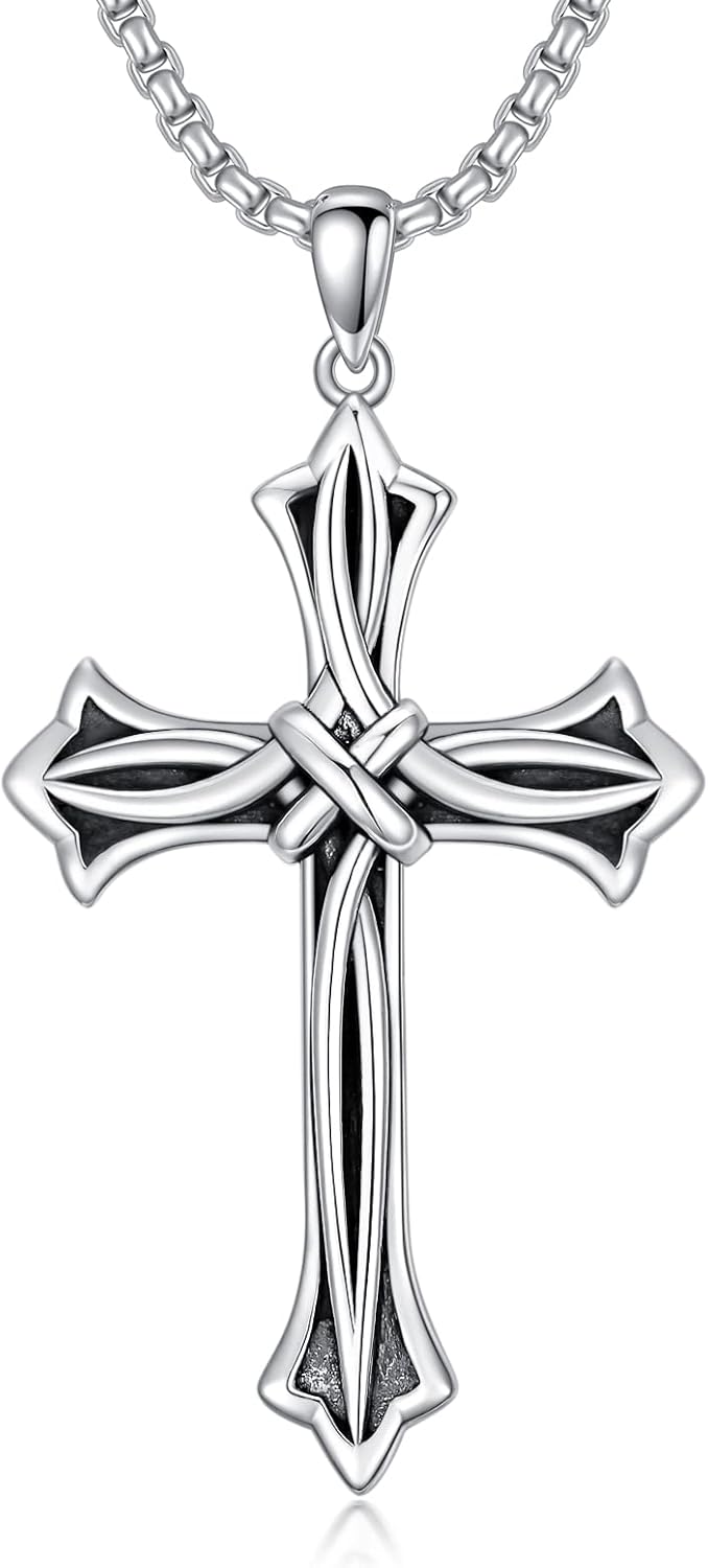 Cross Necklace for Men Women 925 Sterling Silver Celtic/Crucifix/Nail/Fish Hook Cross Pendant with Stainless Steel Chain Faith Jewelry Gift for Father Son Brother Husband