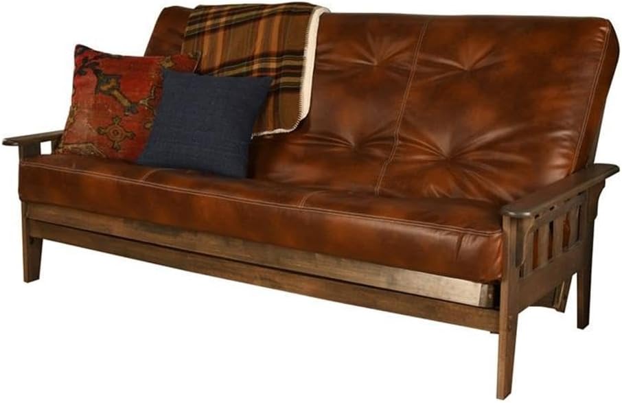 Kodiak Tucson Queen Futon Frame and Mattress Set - Wood Futon Set with Mattress Included in Saddle Brown Color Faux Leather Mattress