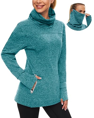 Soneven Women's Running Fleece Sweatshirts Cowl Neck Pullover Long sleeve Shirt with Thumb Holes and Neck Gaiter Face Mask