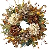 WANNA-CUL 24 Inch Fall Spring Wreaths for Front Door with Hydrangea,Little Pumpkins-Fall Decorations for Home,Fall Door Wreath Decor for Summer,Autumn,Harvest, Halloween or Thanksgiving
