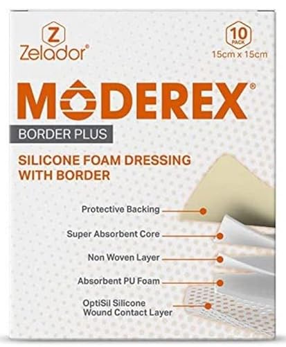 Moderex Border Plus - Medicazione in schiuma di poliuretano con bordo e strato di contatto in silicone Optisil (5 x 5 cm x 10)