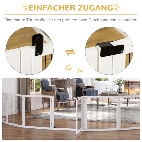 PawHut Absperrgitter Hund Verstellbares Freistehendes Schutzgitter mit Füßen 70H x 432B cm Holz Hundegitter Klappbar Treppenschutzgitter für Treppen, Türen, Flur, Küche, 6 Paneelen, Weiß