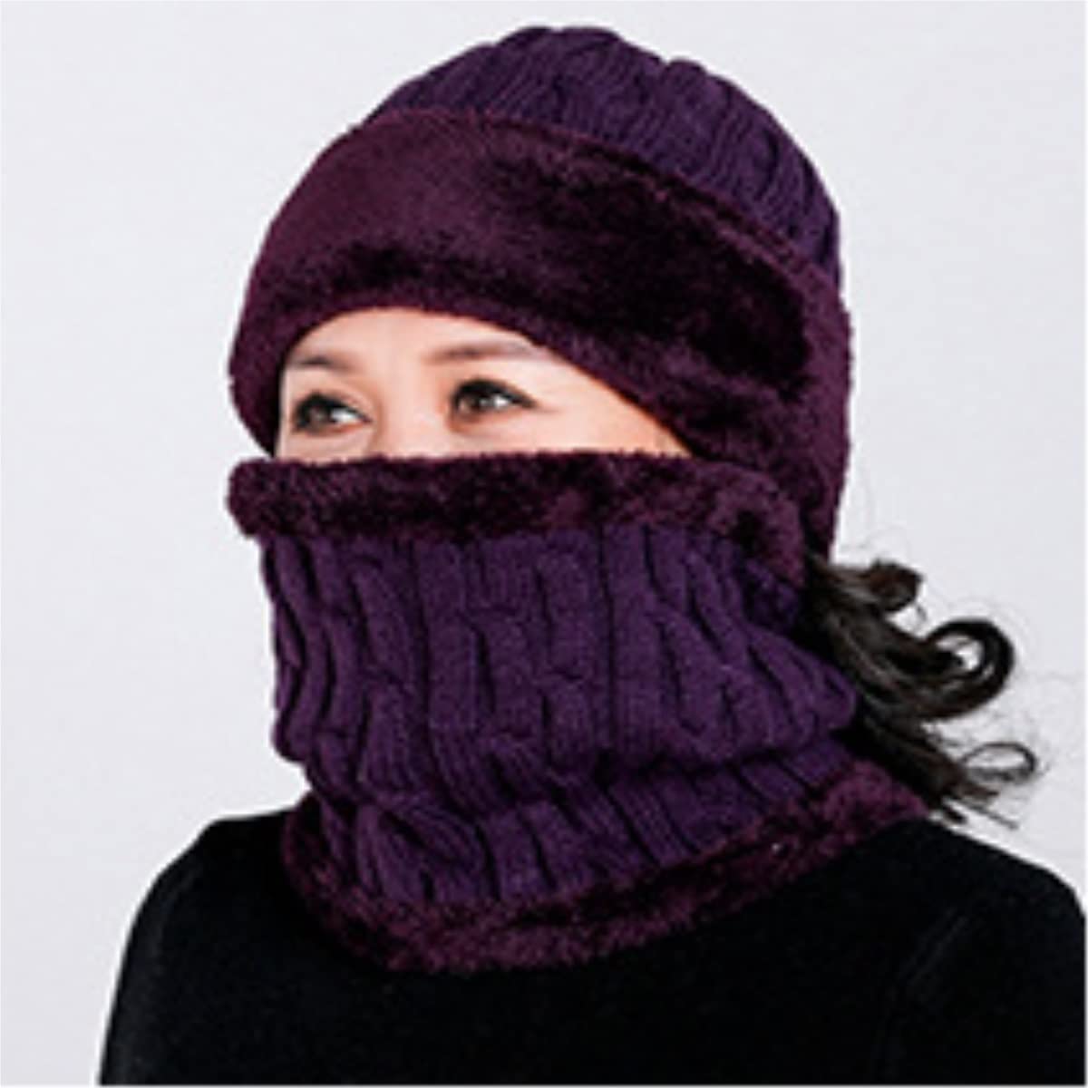 Gorro de Lana de Invierno con Forro Polar para Mujer, Conjunto de Bufanda de Punto, máscara, cálido, Suave y Holgado (Talla única)