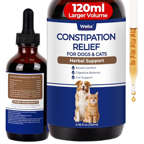Wellix 4oz Cat & Dog Constipation Relief - Liquid Stool Softener with Dandelion Root, Prebiotics and Probiotics for Cats & Dogs - Natural Laxative for Gas and Tummy Relief - Chicken Flavor