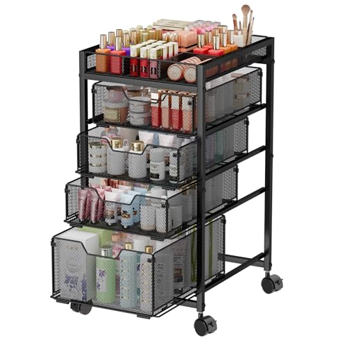 5-Tier Rolling Makeup Cart Organizer with 4 Drawers, Cosmetics Display with Dividers, Floor Skincare Storage with Wheels, Versatile Vanity Organizer for Nail Polish Perfume Brush Hair Tool, Black by JKsmart - Used condition - US$55.99