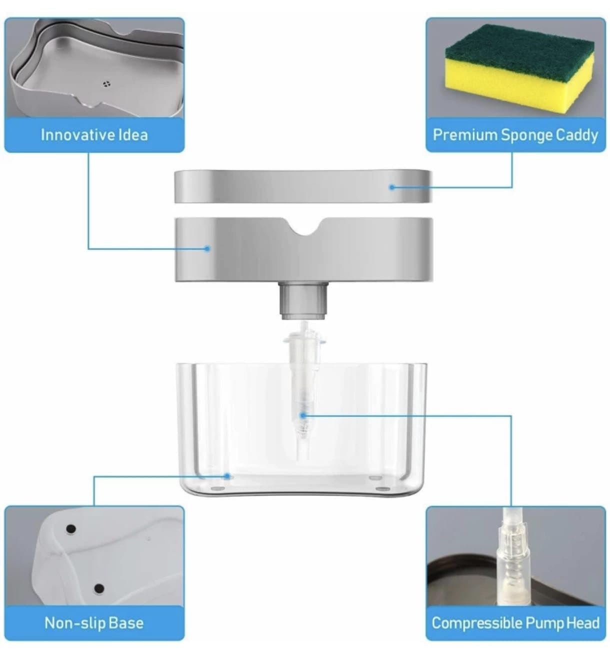 2 in 1 Soap Dispenser for Bathroom Accessories Dishwasher Liquid Holder Liquid Dispenser Pump 400 ML with Sponge Holder Kitchen Sink Accessories Items (Multi-Color) 3
