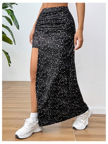 OYOANGLE Women's Split Thigh Sparkly Maxi Skirt High Waisted Party Nightclub Asymmetrical Pencil Skirts2