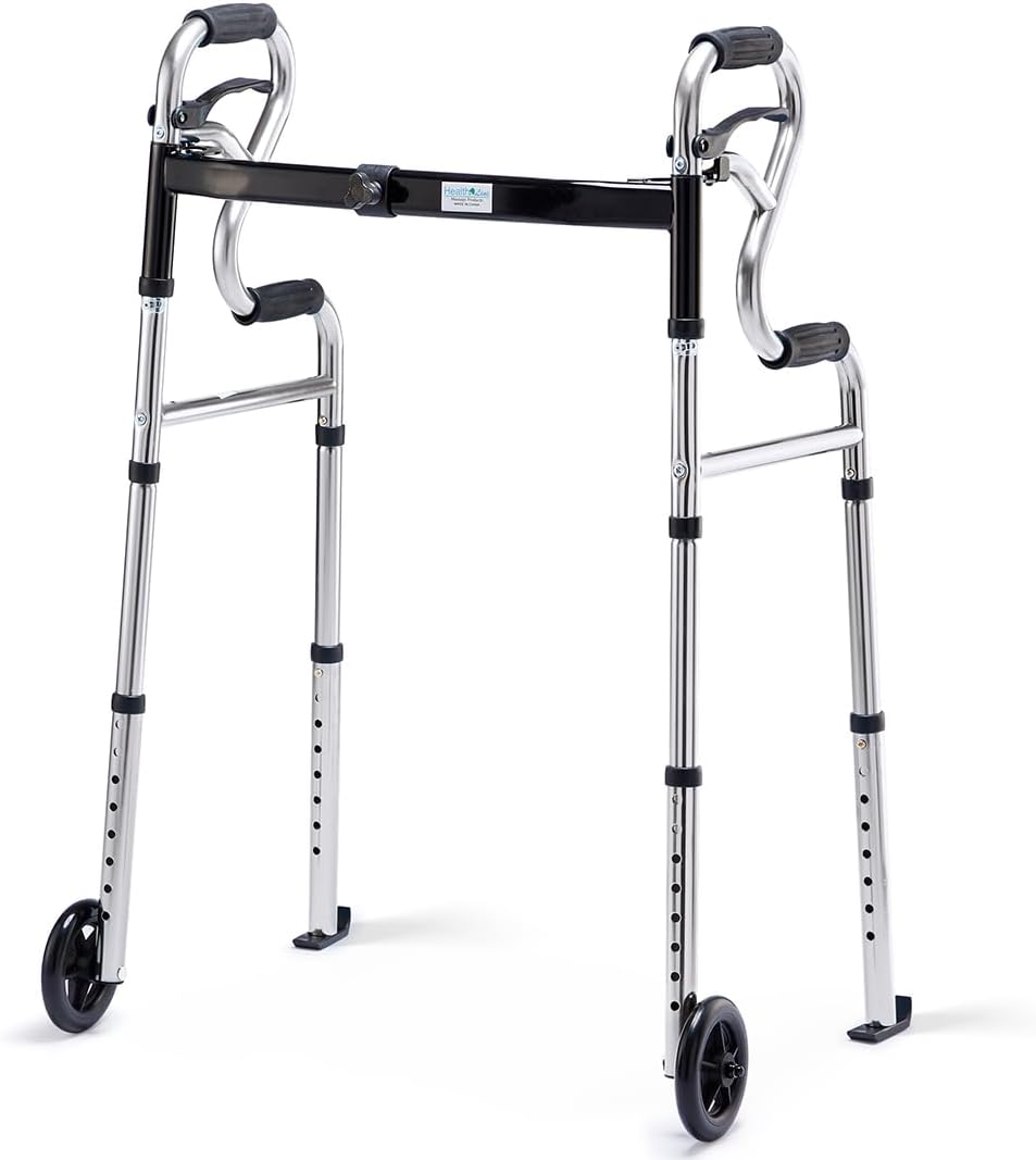 Walkers for Seniors with 5” Front Wheels by Health Line Massage Products, Width Adjustable Compact Standard Walker Support Up to 350lbs, Quick Folding 2 Wheels Walker for Seniors, Silver