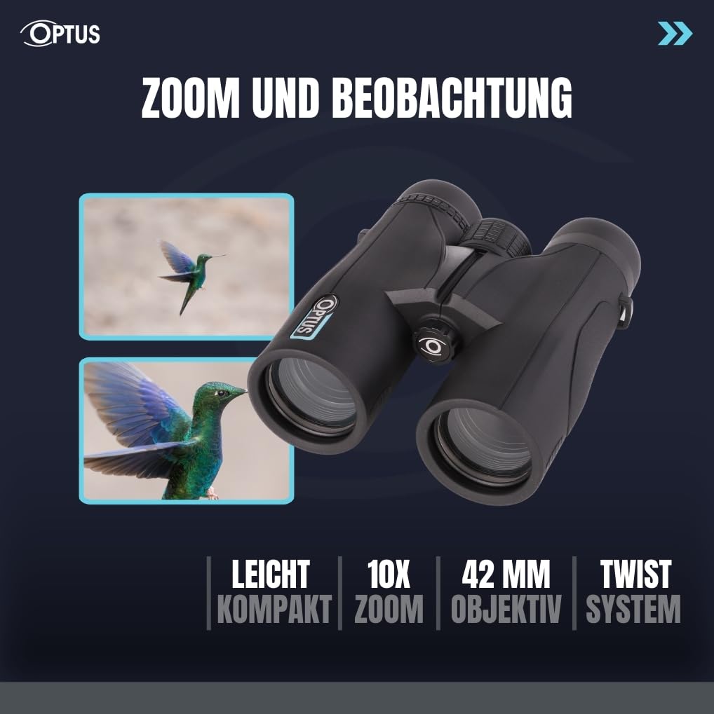 Optus Fernglas 10x42 mit Dachkantprismen, 10x Vergrößerung, mehrfach vergütete Optik, für Brillenträger, Gummiarmierung, Stativanschluss