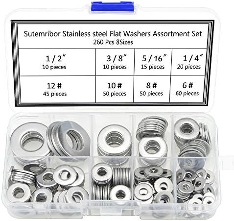 Sutemribor 260 Pieces 8 Sizes Stainless Steel Flat Washers, 1/2 3/8 5/16 1/4 12# 10# 8# 6# Hardware Gasket Assortment Kit