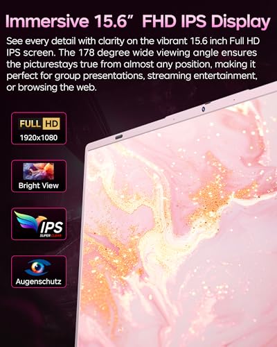 Image of Pink Laptop, 16GB RAM 512GB SSD Laptops with Pentium Gold 6500Y (Up to 3.4GHz), 15.6 inch FHD IPS Screen, Type-c, USB3.2, BT5.2, WiFi5, Laptop Computer Good for Business and Student