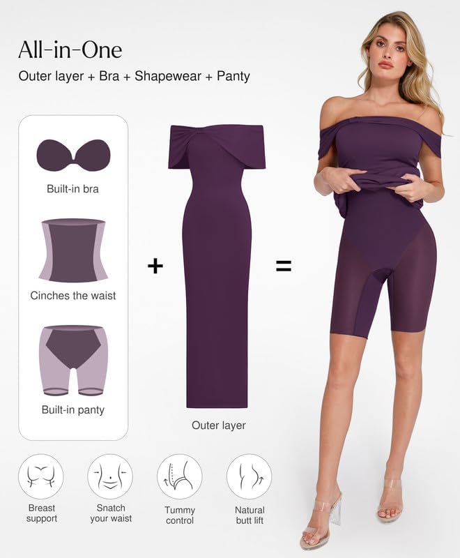 Popilush Formal Dresses for Women Wedding Guest Off The Shoulder Maxi Dress Sleeveless Bodycon Long Shapewear Prom Dress Purple - Image 3