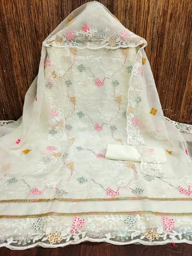 Image of Women's Organza Silk Embroidery Unstitched Salwar Suit Dress Material