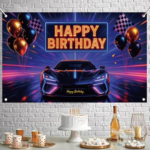 Image of Racing Car Happy Birthday Backdrop Sports Car Neon Racing Banner Black White Plaid Checkered Flag for Men Boys Photography Background Bday Table Decor Photo Booth Prop 71 x 43 Inch