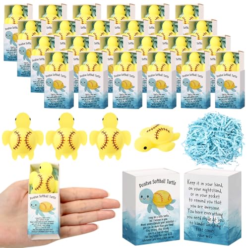 Wettarn 25 Sets Softball Gifts Positive Stress Balls with Support Boxes for Softball Senior Night Party Favors Sport Team Goodie Bag Stuffers Fillers Turtle Desk Decor