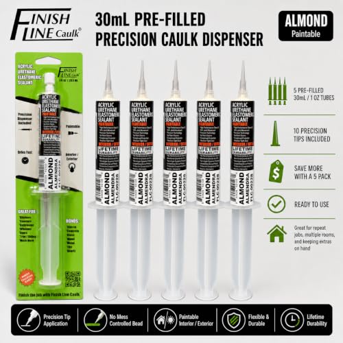Image of Finish Line Caulk 30mL Pre-Filled Precision Caulk Applicator Almond 5-Pack | Clean, Controlled Application with Less Mess and Rework