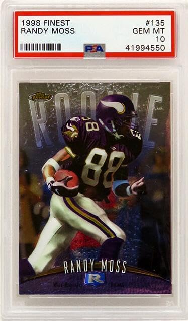 Randy Moss (Minnesota Vikings) 1998 Topps Finest Football #135 RC Rookie Card - PSA 10 GEM MINT (New Label) - Unsigned Football Cards