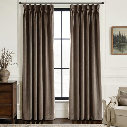 Jolilight Pinch Pleated Brown Velvet Curtains for Living Room Modern Elegant Plush Velvet Luxury Fabric Room Darkening Window Drapes Bedroom Curtain 40x84