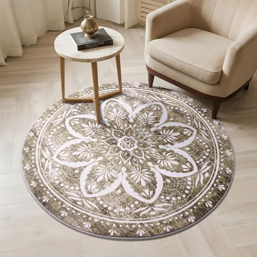 Image of Carvapet Round Rugs Vintage Circle Rug - Washable Non Slip Rubber Backing Foldable Low Pile for Living Room Bedroom, 4 ft Brown Rug