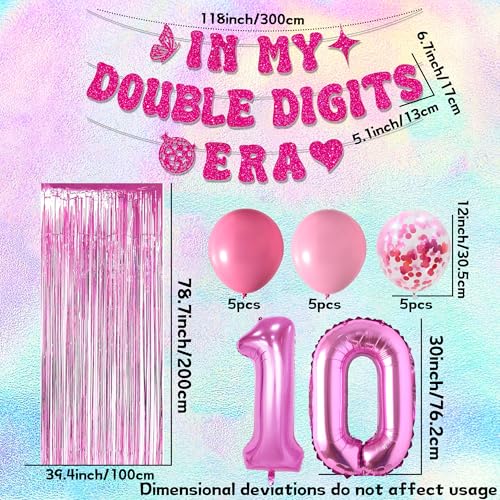 Image of 10th Birthday Decorations Pink In My Double Digits Era Banner Double Digits Birthday Happy 10th Birthday Decorations for Number 10 Balloon Girls Boys Double Digits Party Supplies