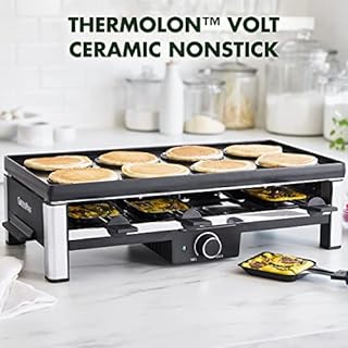 GreenPan Bistro Raclette Antiadhésif Sain San PFAS, Table Grill Électrique pour 8 Personnes, Réversible 3 en 1 Appareil à Raclette Grill et Crêpe, 8 Mini-poêlons Antiadhésifs & Spatule, Lave-vaisselle