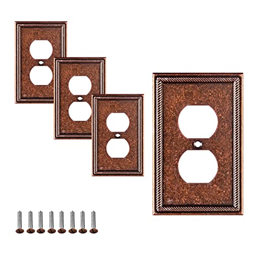 Pack Of 4 Wall Plate Outlet Switch Covers By Sleeklighting | Decorative Zinc Cast Sponged Copper| Variety Of Styles: Rocker/Receptacle/Toggle / & Combo | Size: 1 Duplex #TOP19