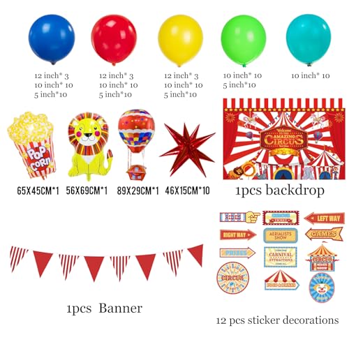 Image of Carnival decorations & include red blue yellow balloon & foil hot air popcorn lion balloons & striped banner & Backdrop carnival Circus road sign paper card Signboard decor for Circus decorations