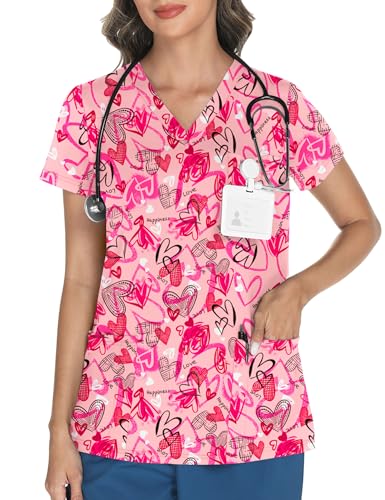 LOMON Short Sleeve Scrubs for Women V Neck Valentine's Day Scrub Tops Print Scrub Shirts Pink Heart M