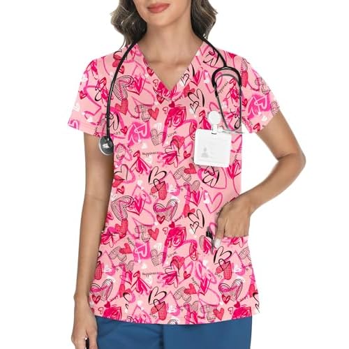LOMON Women's V Neck Printed Scrub Top with 3 Pockets