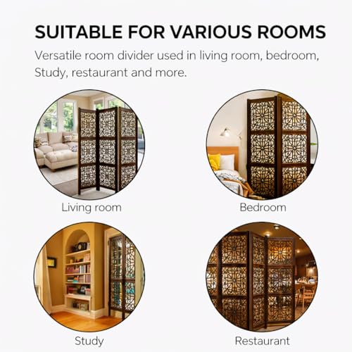 Image of Home & Goods International Wooden Room Divider Partition - Wood Screen Separator for Living Room, Bedroom, Office, Restaurant || Kangra Badrun Design, White (Single Panel)