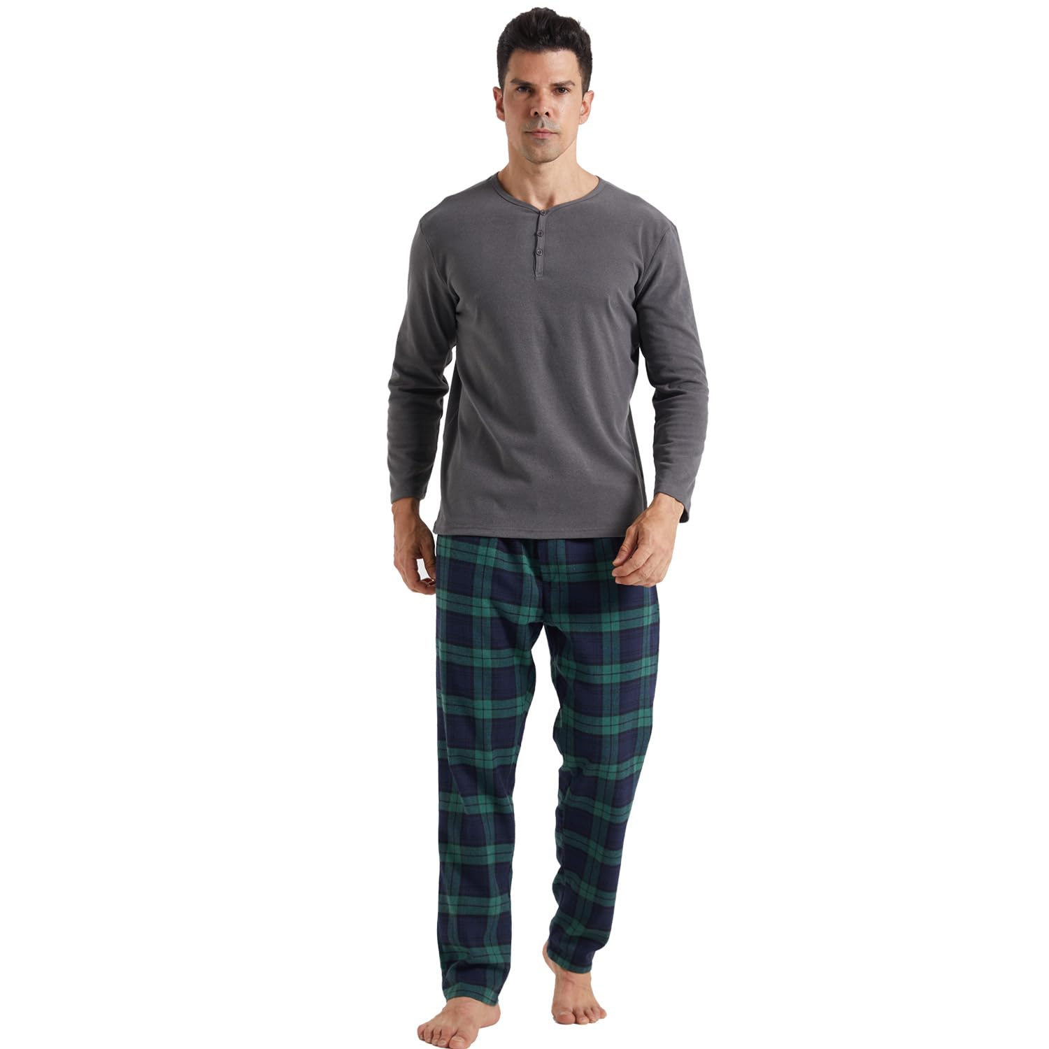 Men's Long Cotton Winter Pyjamas Long Sleeve Shirt & Flannel Checked Pyjama Bottoms with Pocket Soft Fleece Loungewear Nightwear Set-image-20