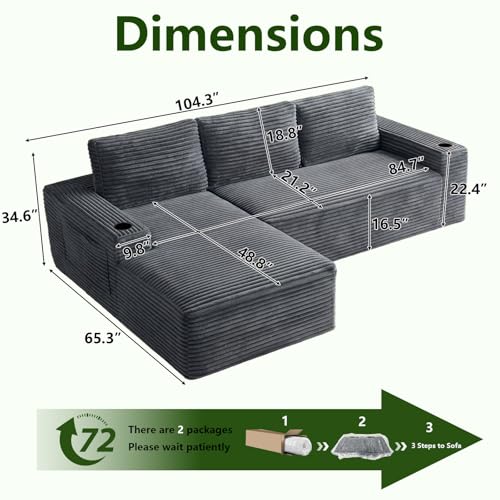 Image of 104.3 inch Modular Sectional Sofa,Modern Corduroy Cloud Couch with Cup Holder & Side Pockets,Boneless Couch Upholstered 3-Seater L-Shaped Sofa for Living Room,No Assembly (Dark Grey, Left-Facing Chaise) | with Cup Holder