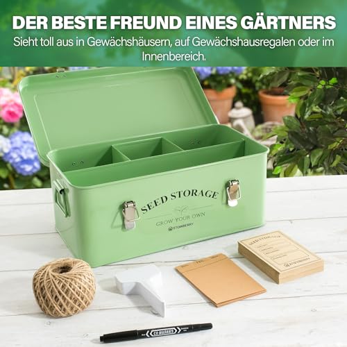 STOWBERRY Samen-Aufbewahrungsbox-Organizer – Grüne Gartensamendose mit Deckel, seitlichen Griffen, 4 Fächern – Samenpaketbehälter für Gärtner – Gartengeschenkidee mit über 100 Zubehörteilen