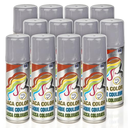 Pack 12 Laca de Pelo Color Plata 125ml - Spray Colores para Cabello Rápida coloración, Lavable