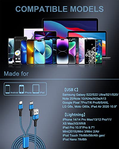 Image of MultIi Charger Cable 2 in 1 USB C and Lightning Charging Cable, 4ft Nylon Braided Multiple USB Charging Cable with Type-C /Lightning Port for iPhone 17 16 15 14 Pro Max Plus 13, iPad, Samsung, Google