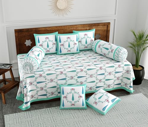 Image of BLOCKS OF INDIA 200TC Diwan Set Cotton 8 Piece | Deewan Printed Bedsheet Sets for Living Room Hall (Set of 8 Piece, 1-Bed Sheet | 2-Bolster Cover | 5-Cushion Cover (Turquoise Patti)