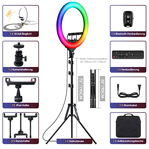 EYETOO RGB Ringlicht 18 Zoll mit Standfuß, Selfie 55W 49 Modi Dimmbares LED 75'' Stativständer und Handy iPad Halter… – Bild 8
