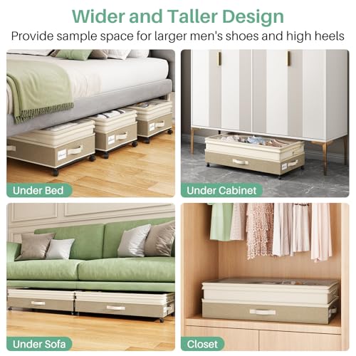 Image of Kitstorack 2Pack Height-adjustable Under Bed Storage with Wheels, Under Bed Storage Containers,Under Bed Shoe Storage Organizer with Clear Window&Label, Suitable for Clothes Storage, Beige & Linen