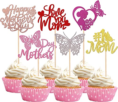 24 adornos para tartas Happy Mother's Day, corazón con purpurina, #1 mamá, mariposa, Love You Mom, Cake Toppers Decoración para cupcakes, decoración para cupcakes, decoración para el Día de la Madre,