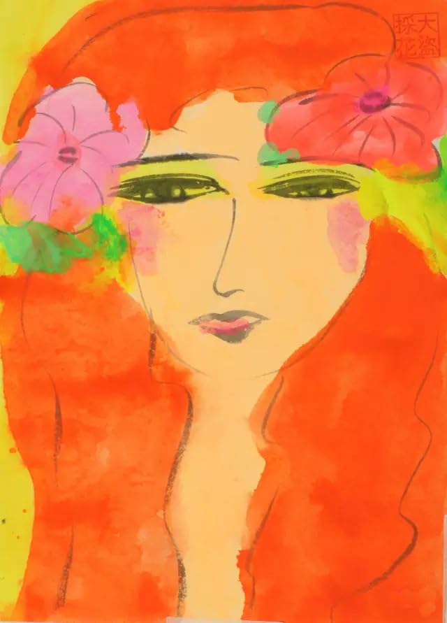 XZSFD NBGEA Walasse Ting Póster e impresiones Cuadro abstracto de arte mural《Una dama pelirroja con flores》Pintura de lienzo de retrato para decoración del hogar 40x50cm sin marco