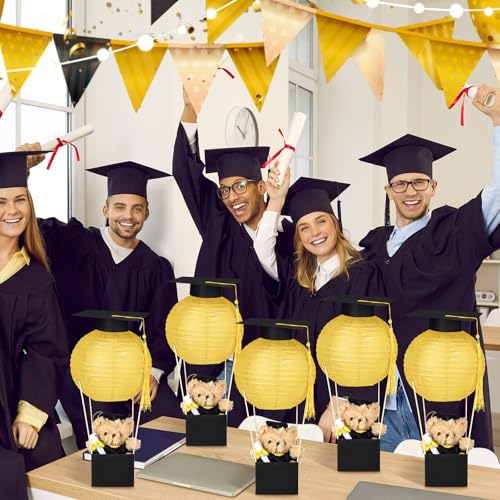 Silipull 6 Sets Graduation Table Centerpieces Hot Air Balloon Party Decorations Graduation Paper Lantern with Small Cap Tassel Table Decor Congrats Grad Party Supplies (Hot Air Balloon,Gold) — view 5